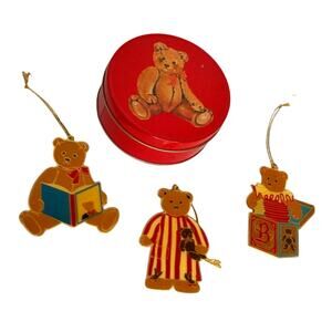Vintage Schmid Gordon Fraser Christmas Teddy Bear Ornaments With Tin Set of 3